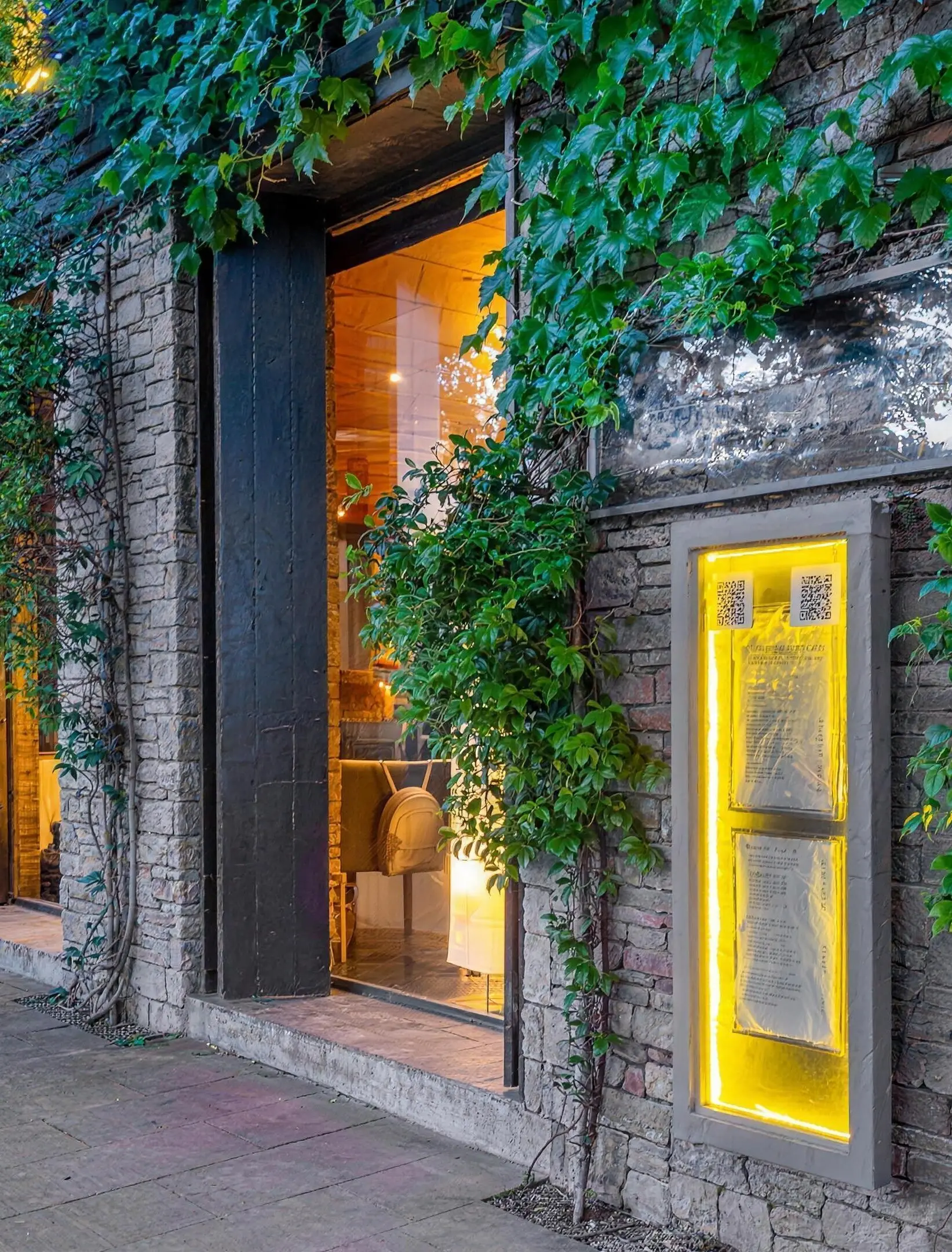 The restaurant’s façade at dusk, stone and ivy lit warmly, the tables inside already laid.