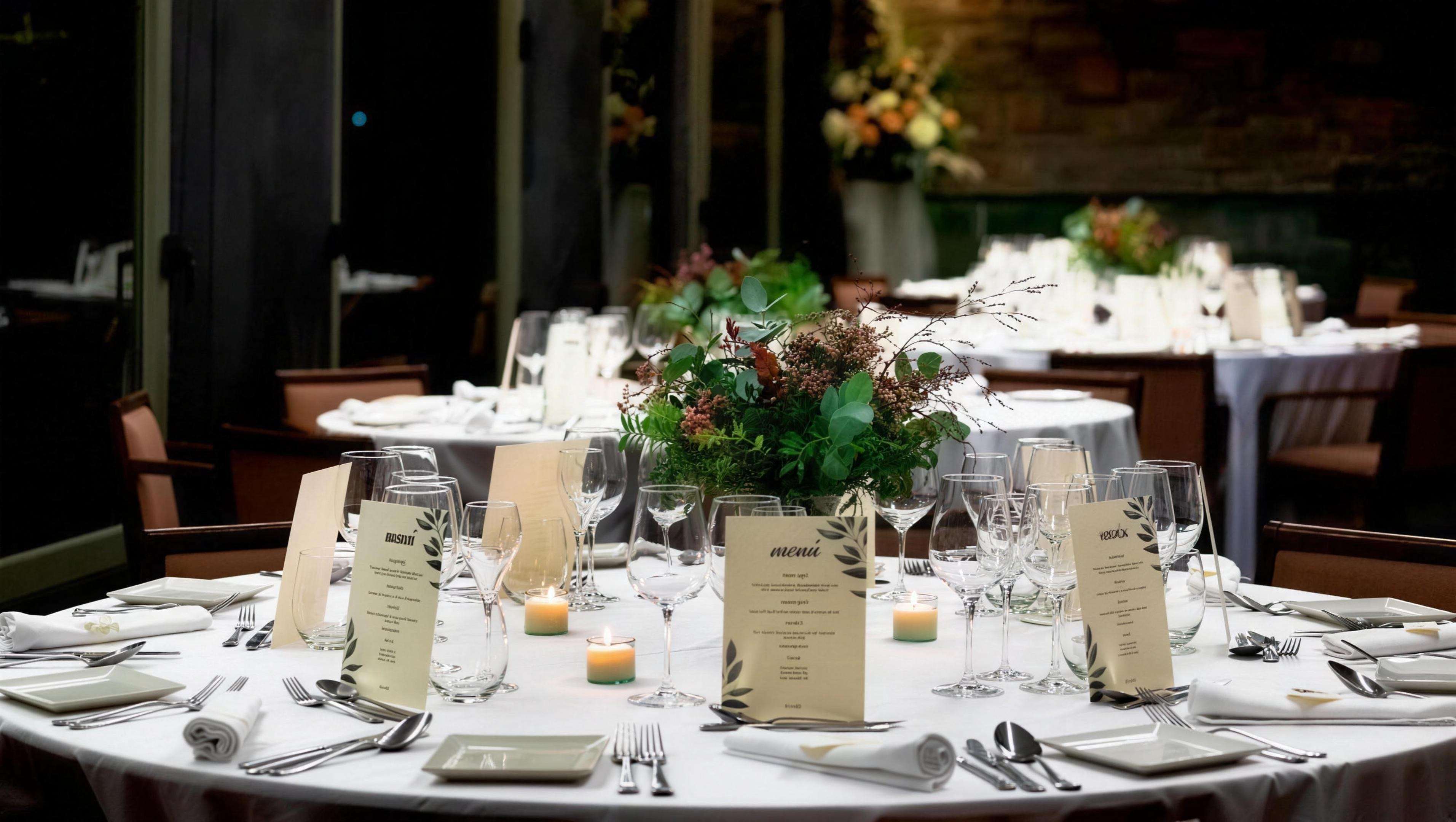 A round table laid for a group, with menu cards, candles and a flower centrepiece.